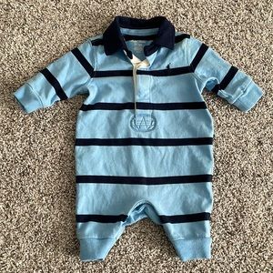 Baby Boys Striped Rugby Cotton Coverall - Blue